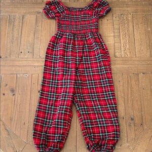 SweetHoney Red tartan Plaid smocked leggy
romperJumpsuit girls size 7